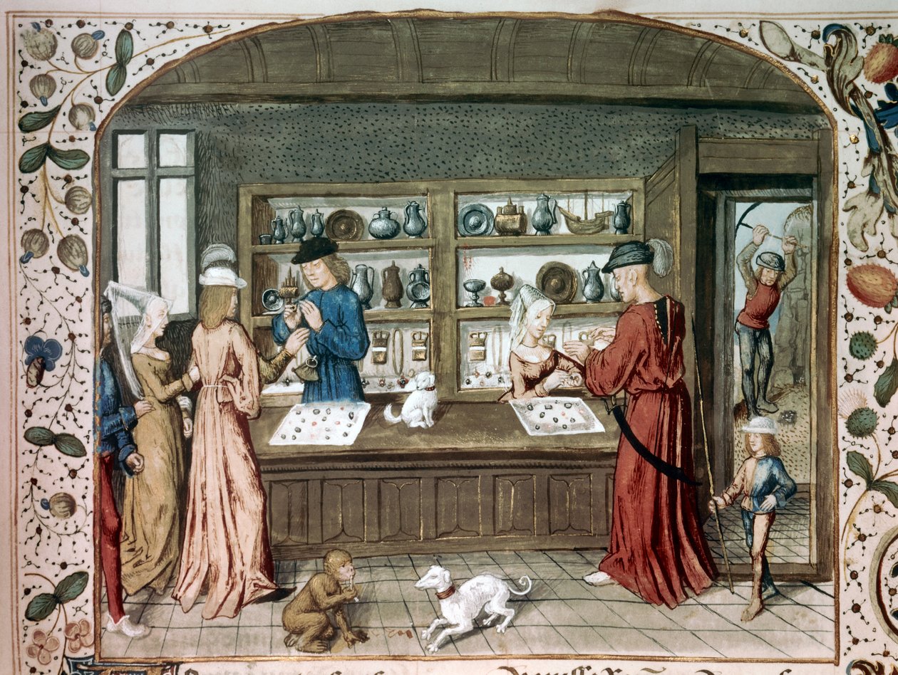 En smyckesbutik i miniatyr från "" Le lapidaire de Jean (Jehan) de Mandeville (1300-1372)" 1400-talets Paris, B.N. av Unknown artist