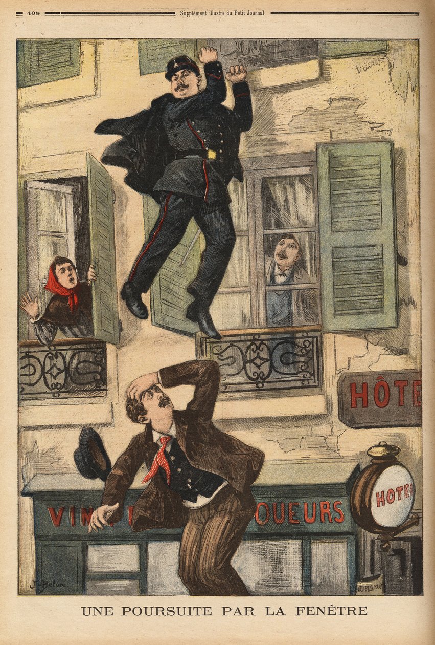 En polis i Montreuil tvekar inte att kasta sig ut genom fönstret för att förfölja en inbrottstjuv, som precis har hoppat för att undkomma sina förföljare. Gravyr i "" Le petit journal"" 1899-12-17. Selva samling. av Unknown artist