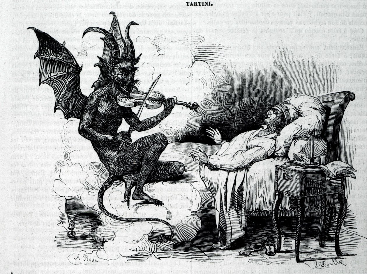 En Satyre som spelar fiol framför Giuseppe Tartini (1692 - 1770), italiensk kompositör, violinist och teoretiker. Gravyr av 1800-talet. av Unknown artist