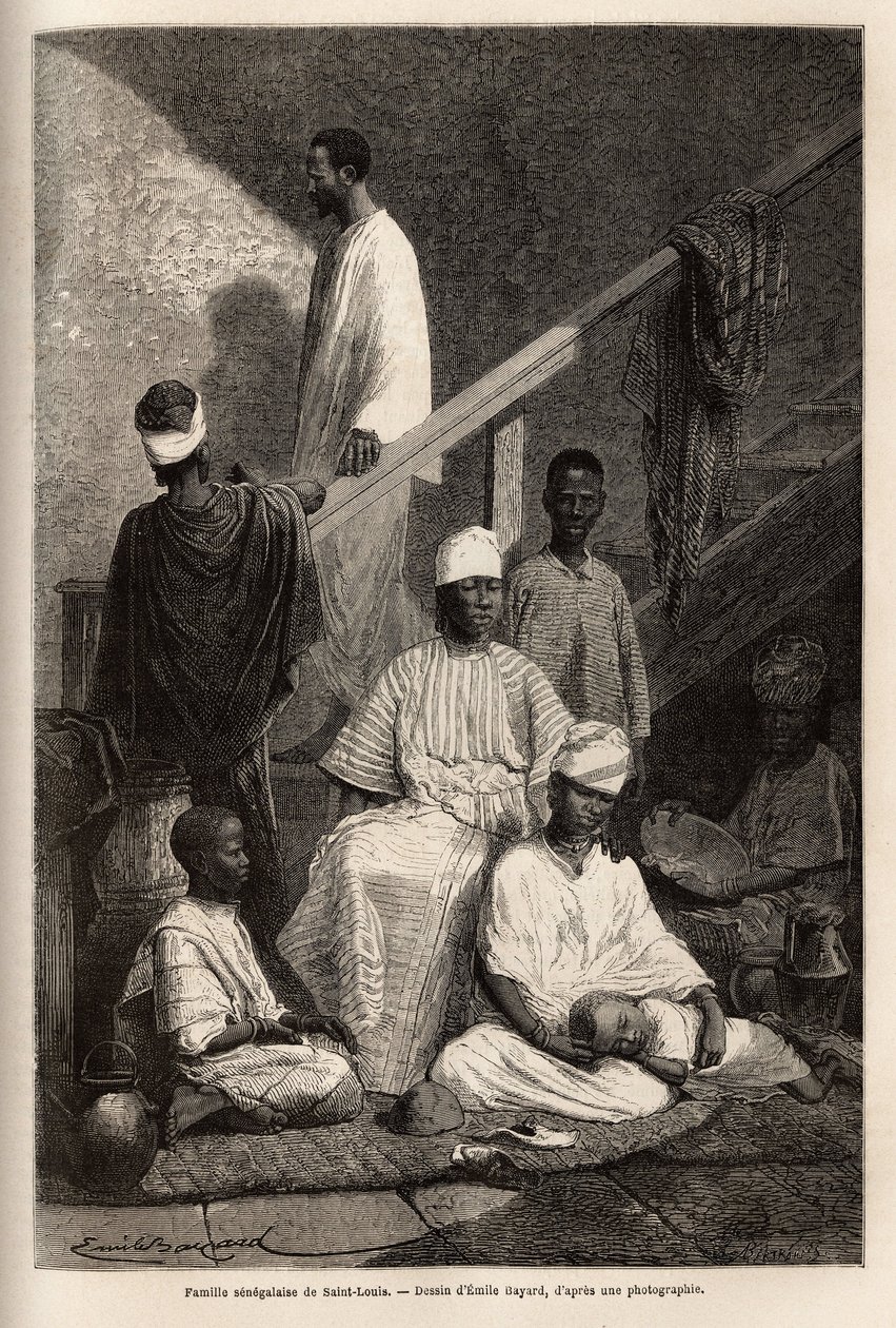 En senegalesisk familj från Saint Louis (Saint Louis). Gravyr för att illustrera en kryssning på Afrikas kust, av viceamiral Fleuriot de Langle, 1868, publicerad i "" Le tour du monde""" 1872, redigerad av Edouard Charton, upplaga Hachette, Paris. Selva Co av Unknown artist
