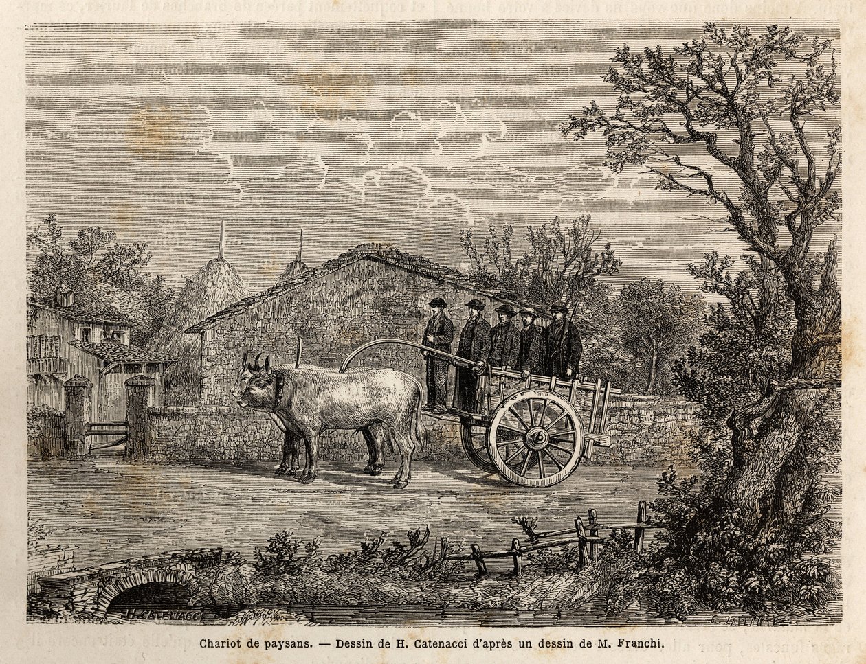 En Sienesisk vagn med bönder, har två hjul, för transport av vinfat, dragna av ett par små vita oxar. Gravyr för att illustrera en resa till Siena (Italien) 1865, i "" Le tour du monde, nouveau journal des voyages"" publicerad under dir. av Unknown artist