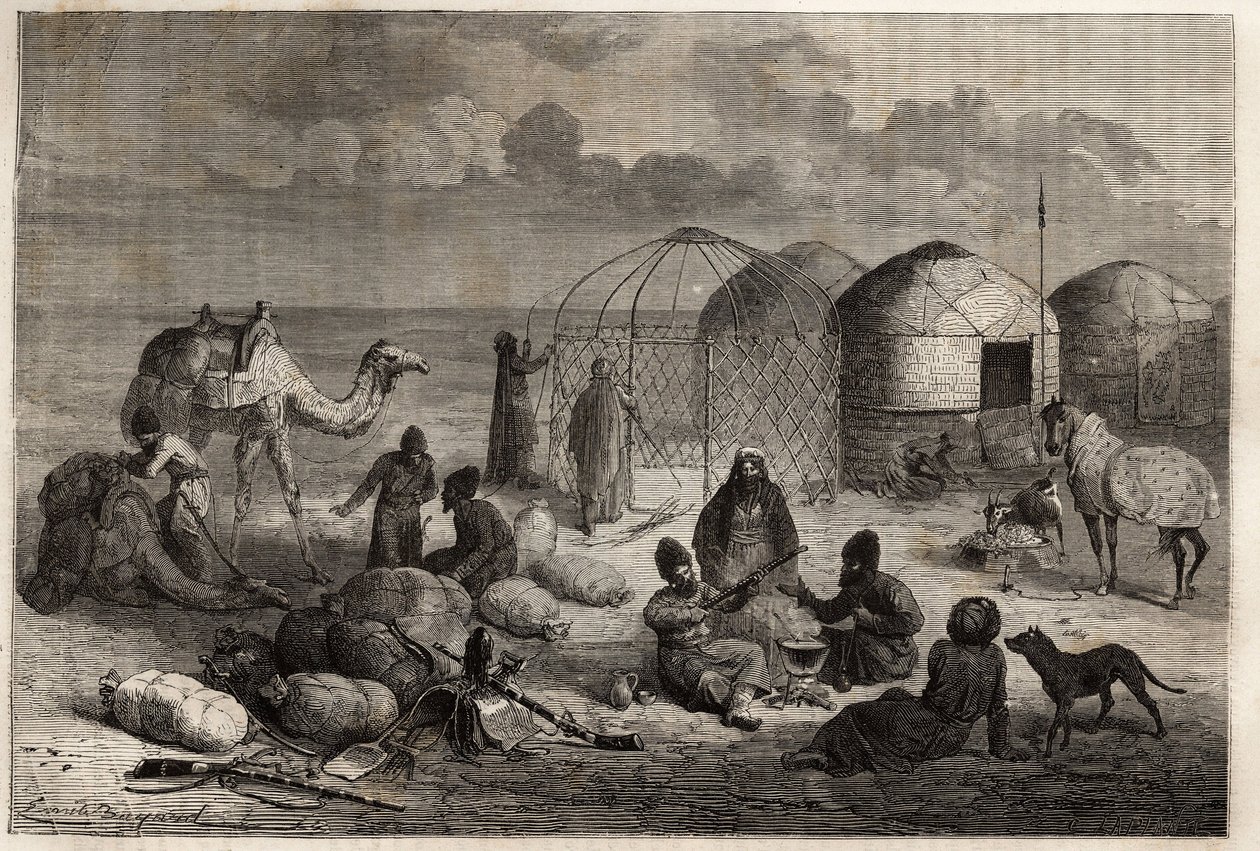 Ett turcomansk läger i gränsområdet mellan Turkestan och Persien, varje tält, som består av träspaljéer och täckt med filt, hyser en familj. Gravyr för att illustrera historien om Henri de Blocqueville "14 mois de captivite chez les turcomans"" mellan 1860 av Unknown artist