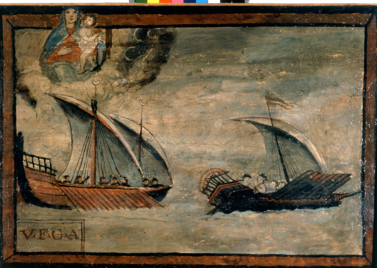 En turkisk galär förföljer en galär från kungariket Neapel. Ex-voto av 1600-talet. Kyrkan Madonna dell