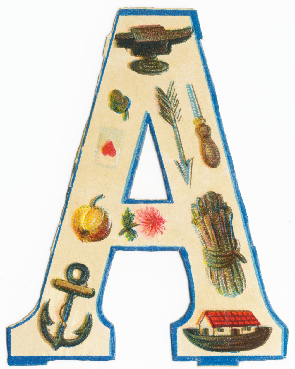 A: städ, kronärtskocka, pil, hjärtans ess, syl, äpple, aster, ankare, båge av Noe, sparris (färg litho) av Unknown artist