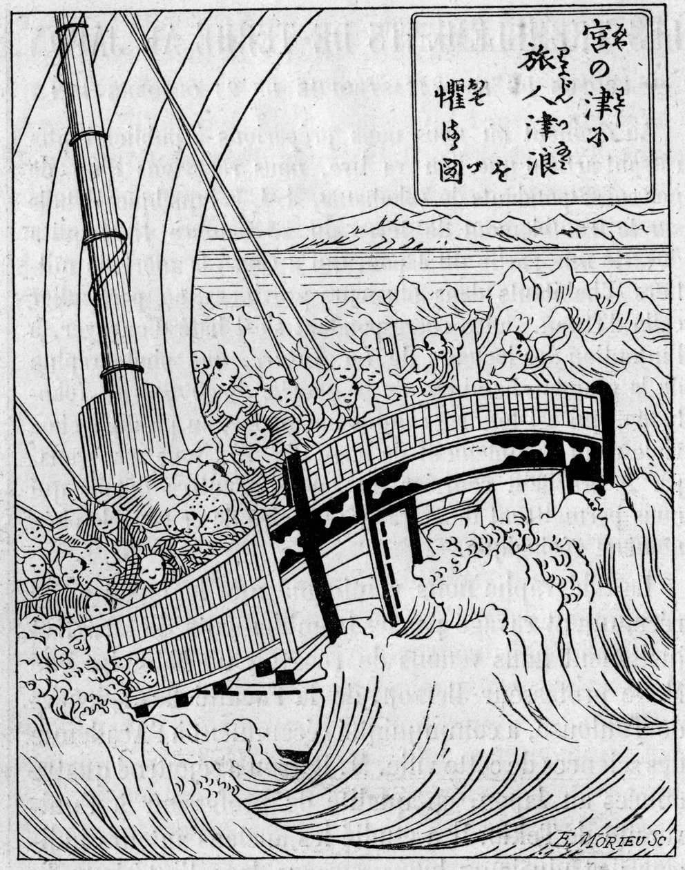 En bakgrundsvåg bildad av en jordbävning. Fac simile (Fac-simile) av en gravyr från ett japanskt verk om jordbävningar. Gravyr i "" La Nature: revue des sciences et de leurs applications aux arts et a l