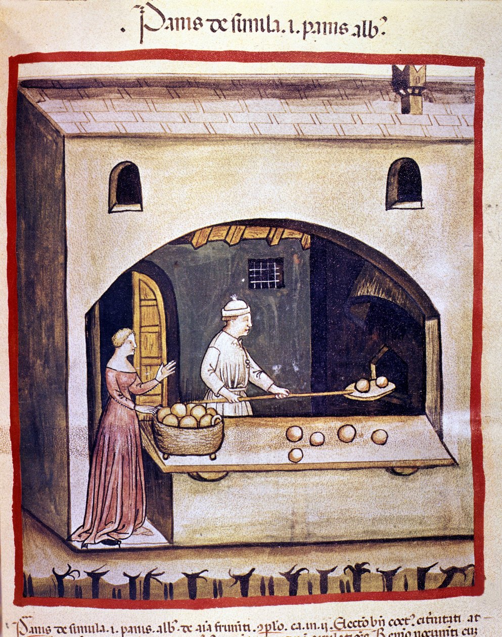 En bagare förbereder vitt bröd och mannagrynsbröd. Belysning från mjölkning av medicin och diet "" Tacuinum sanitatis"" av Unknown artist