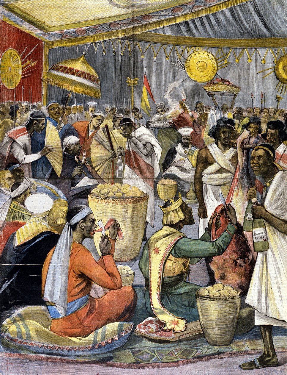 En bankett vid kung Menelik II:s hov (1844 - 1913) i Etiopien. Ill. för sent 1800-talspress. av Unknown artist