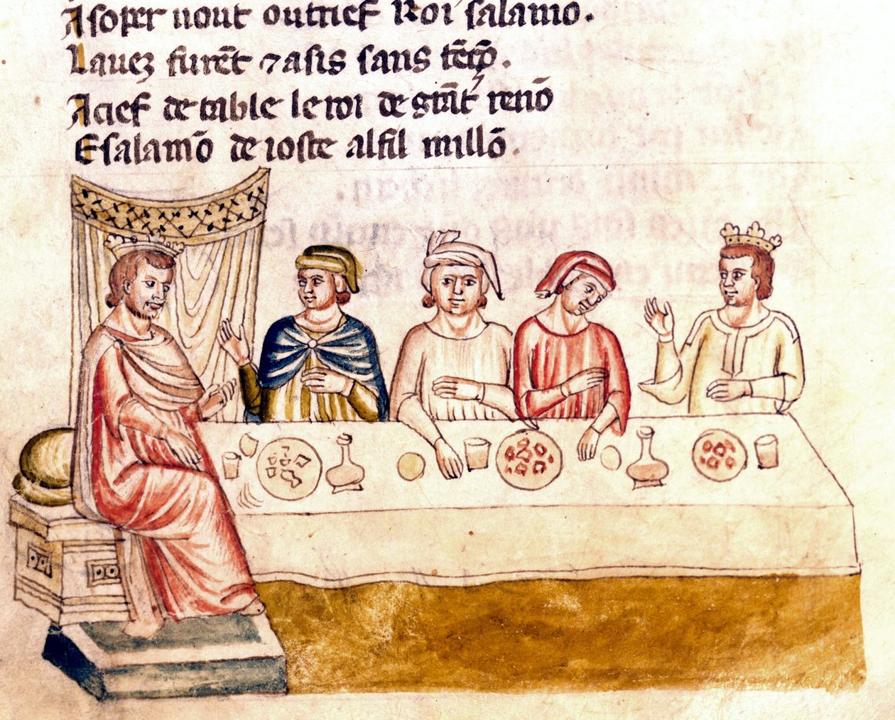 En bankettscen: en kung och hans gäster - Miniatyr från kodexen "The Entrree of Spain"" (Ms.Franc.21) 1300-talet. Biblioteca Marciana, Venedig. av Unknown artist