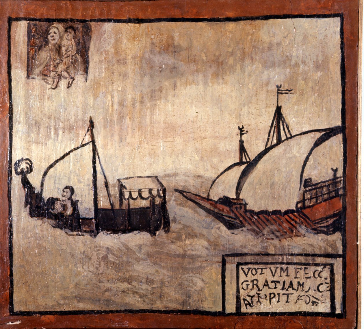 Ett barbareskt pentry jagar en båt med napolitanska fiskare. Ex-voto av 1600-talet. Madonna dell