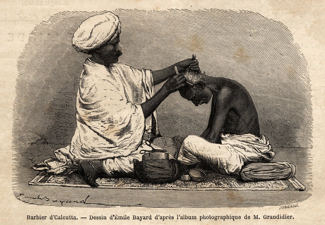 En frisör som arbetar på gatorna i Calcutta. Gravyr för att illustrera resan i Indiens meridionalprovinser, av Alfred Grandidier, 1862-1864, publicerad i "" le tour du monde", redigerad av D