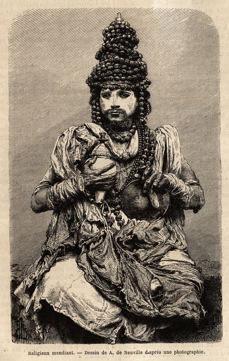 En tiggare religiös. Gravyr för att illustrera resan i Indiens meridionalprovinser, av Alfred Grandidier, 1862-1864, publicerad i "" le tour du monde", under ledning av D