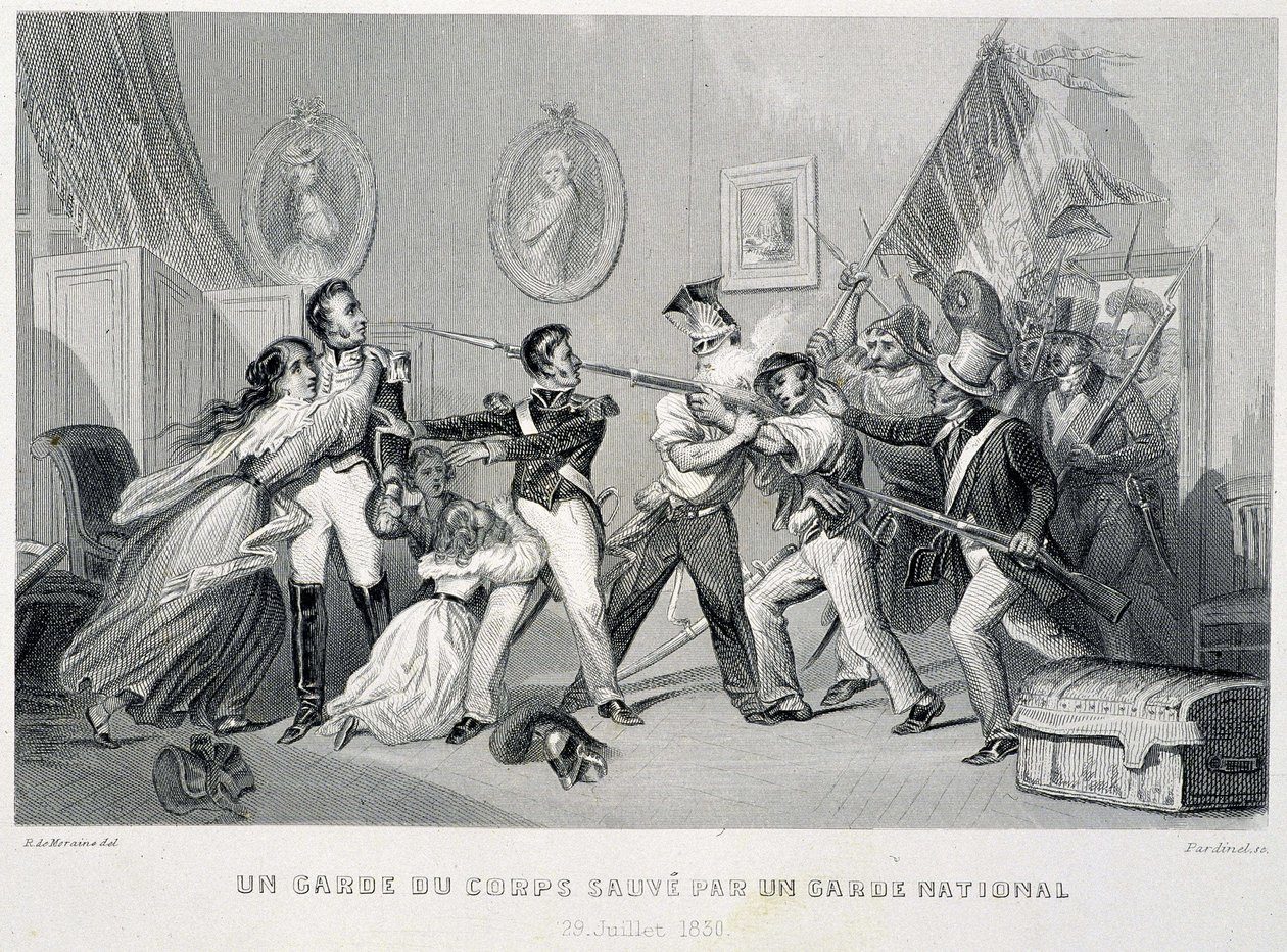 En livvakt räddar av en nationalgarde (29 juli 1830) - i "Fasttes de Gardes nationales de France" av Unknown artist