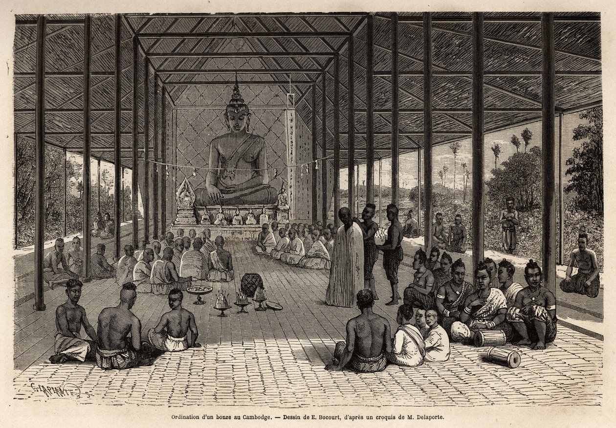 En prästvigningsceremoni i ett tempel i närheten av Angkor, Kambodja. Gravyr för att illustrera upptäcktsfärden i Indokina, av Francis Garnier, löjtnant de Vaissseau, 1866-1868, publicerad i "" Le tour du monde""" 1870-1871, redigerad av av Unknown artist