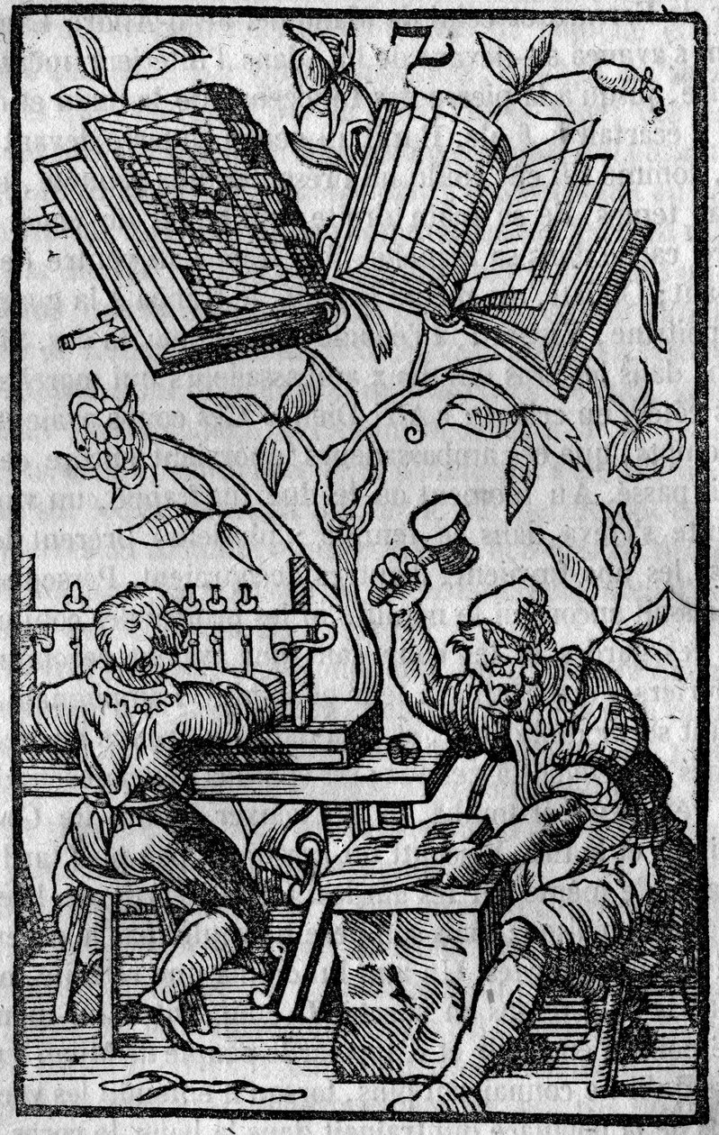 En bokbindarverkstad under medeltiden. av Unknown artist