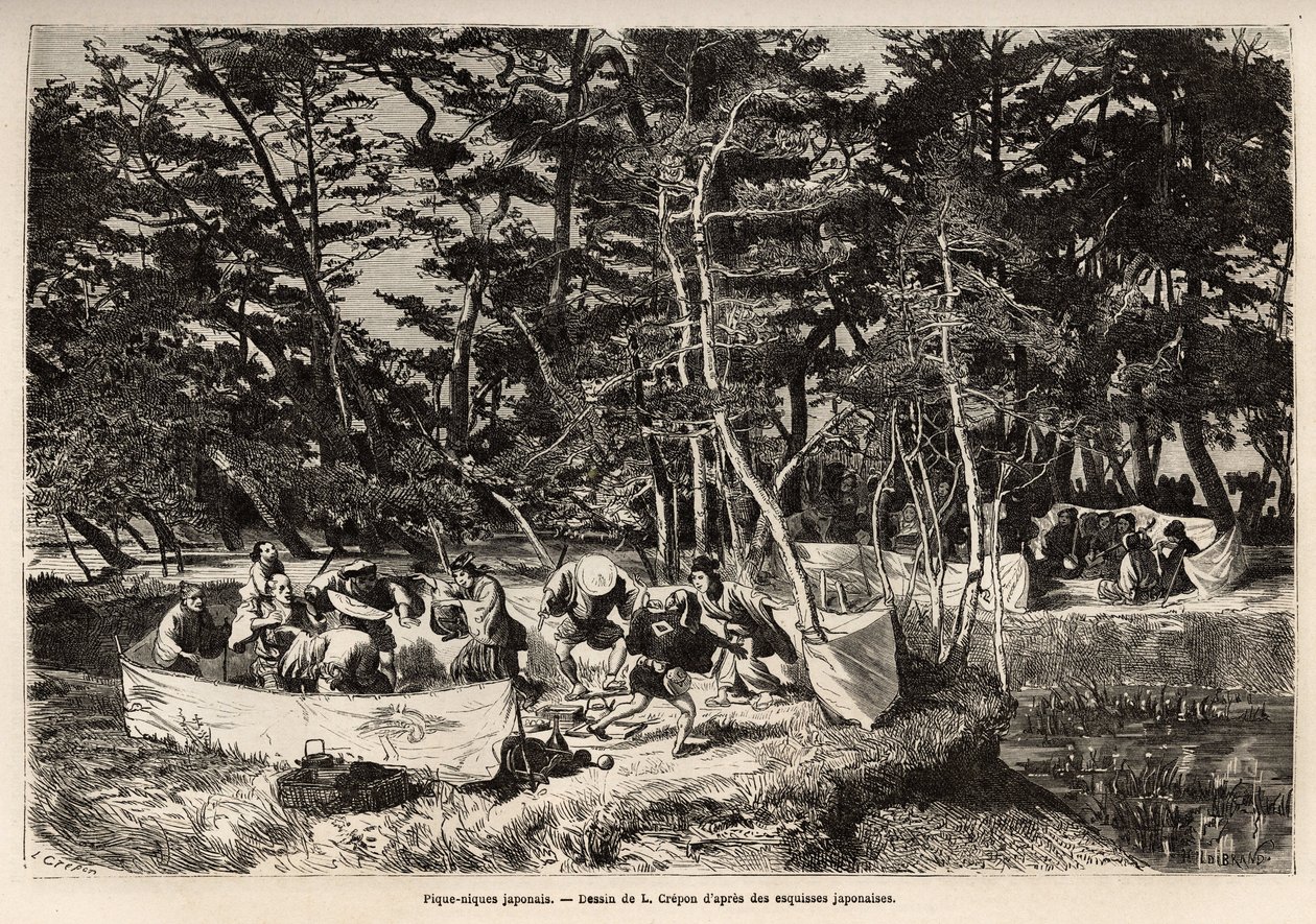 En borgerlig picknick (eller picknick) i förorten till Edo (dagens Tokyo), inne i en tyginhägnad delar gäster, vanligtvis två familjer, sin måltid och passar ofta för tillfället för musiker, dansare och pantomimer. Gravyr för att illustrera resan av Unknown artist