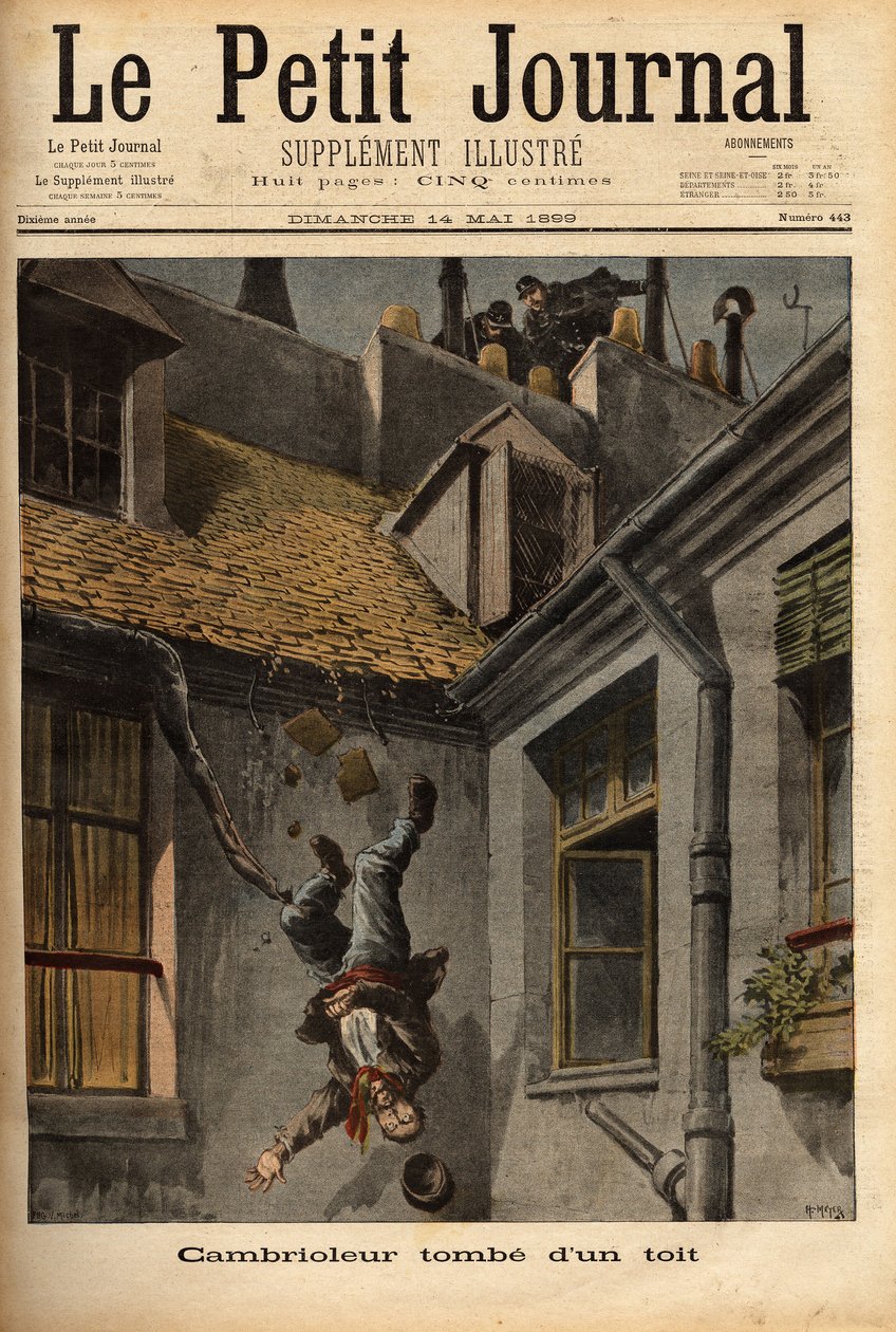 En inbrottstjuv faller från taken på Notre Dame Street i Nasaret, i sin nederbörd för att fly framför poliserna. Gravyr i "" Le petit journal"" 1899-05-14. Selva samling. av Unknown artist