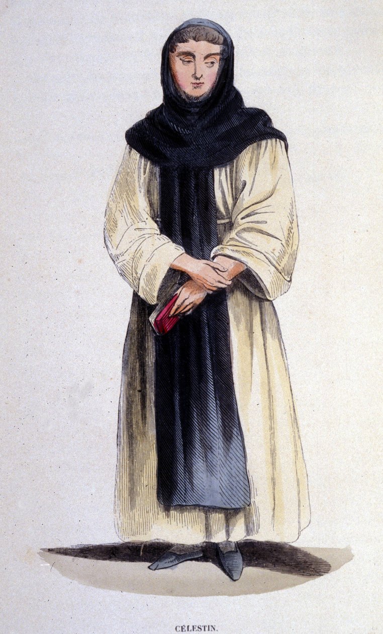 En celestin, religiös av ordningen grundad 1254 av Célestin V. Gravyr från 1800-talet av Unknown artist
