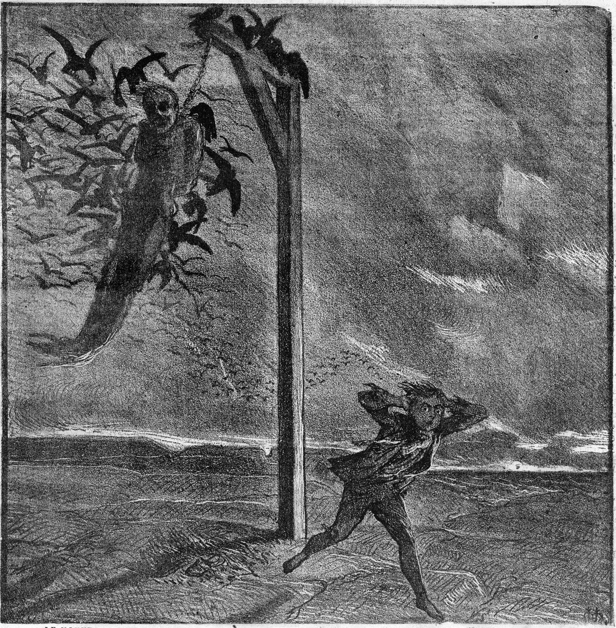 Ett barn blir skrämt av åsynen av en hängd man som äter kråkor - Illustration av "Mannen som skrattar" av Victor Hugo (1802-1885) - Gravyr i "" Le Journal Illustrée"" av Unknown artist
