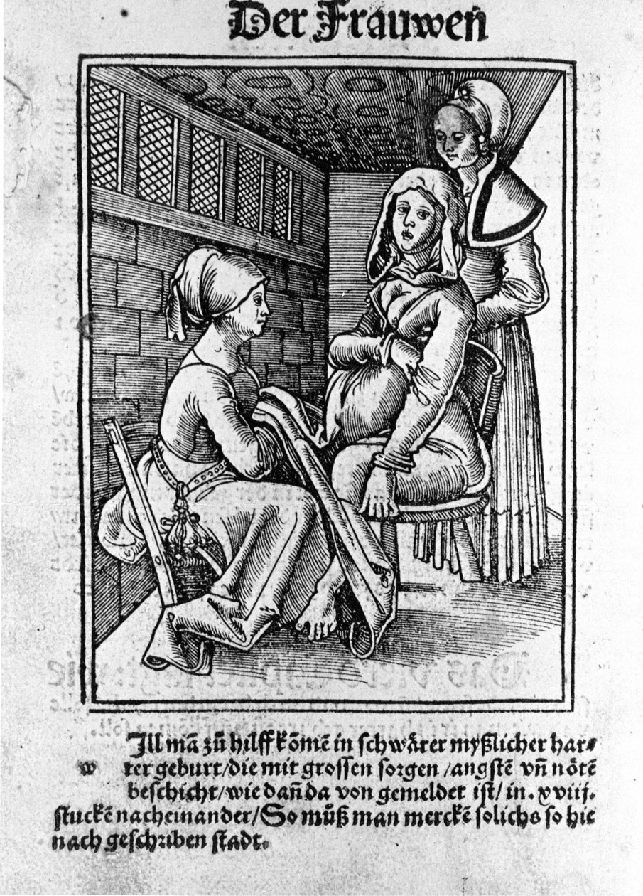 En förlossning. Xylografi av Konrad Merkel efter "De gravida kvinnorna och barnmorskorna Rosengarten", Hagenau av Unknown artist