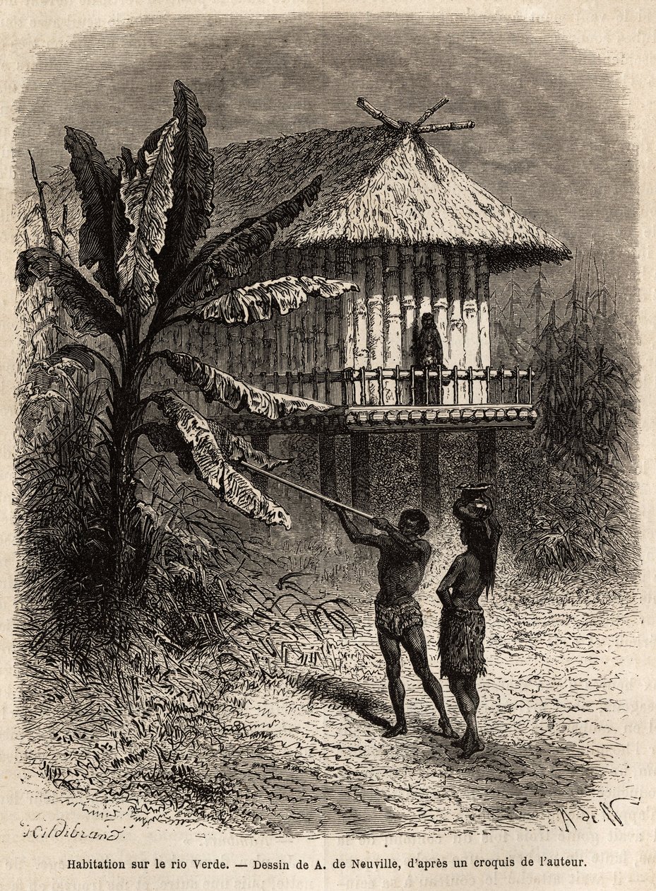 Ett par indianer från Rio Verde (Brasilien) mannen med sin sarbacan, framför ett typiskt hus på pålar. Gravyr för att illustrera resan till New Granada, av Dr. Saffray, 1869, publicerad i "" Le tour du monde""" 1873, redigerad av Edouard Charton, e. av Unknown artist