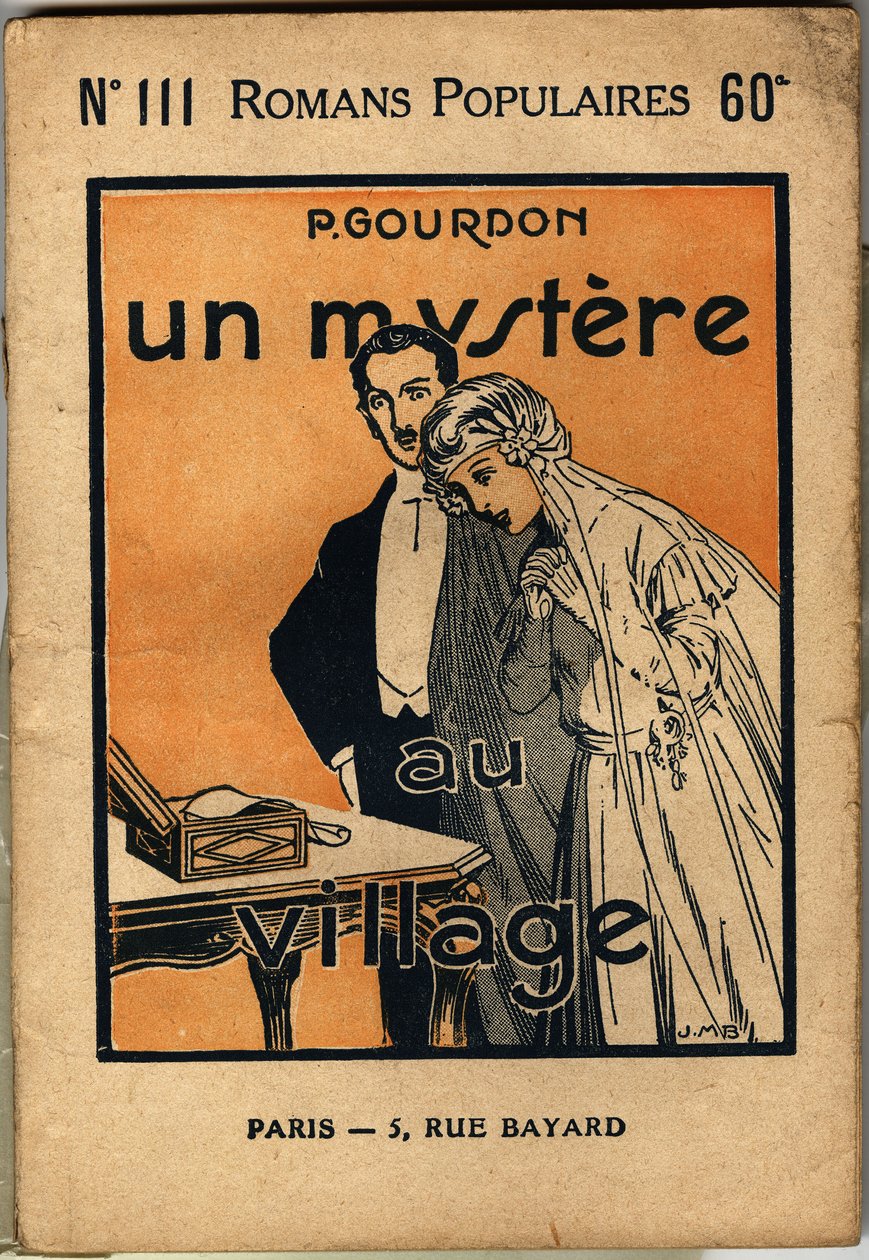 Ett par unga brudar upptäcker ett brev, som glädjer hustrun men överraskar maken mycket. Omslagsillustration till den populära romanen "Un mystere au village" av P. Gourdon, edition bonne presse, Paris 1923. Selva Collection. av Unknown Artist