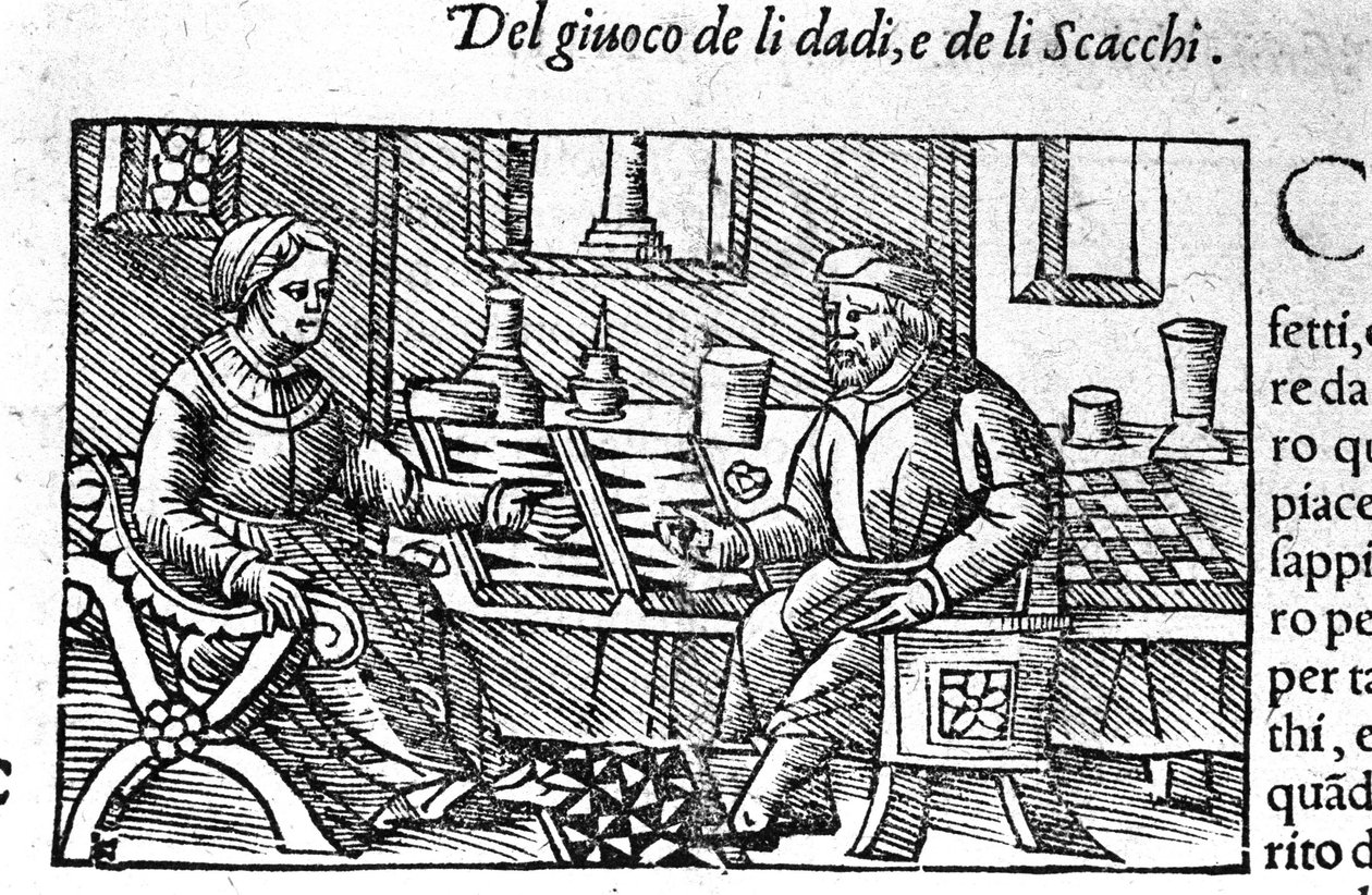 Ett par som spelar tärning. Gravyr efter "Historia de gentis septemtrionalis" av Olaus Magnus, Rom 1560. av Unknown artist