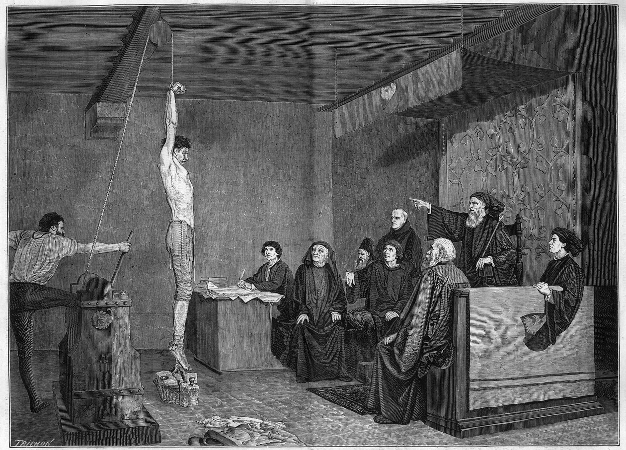 En domstol på 1400-talet - förhör. Frågan är avstängd med vikter på fötterna. Gravyr efter målningen av Adolphe Steinheil (1850-1908) presenterad på Salon de 1875. av Unknown artist
