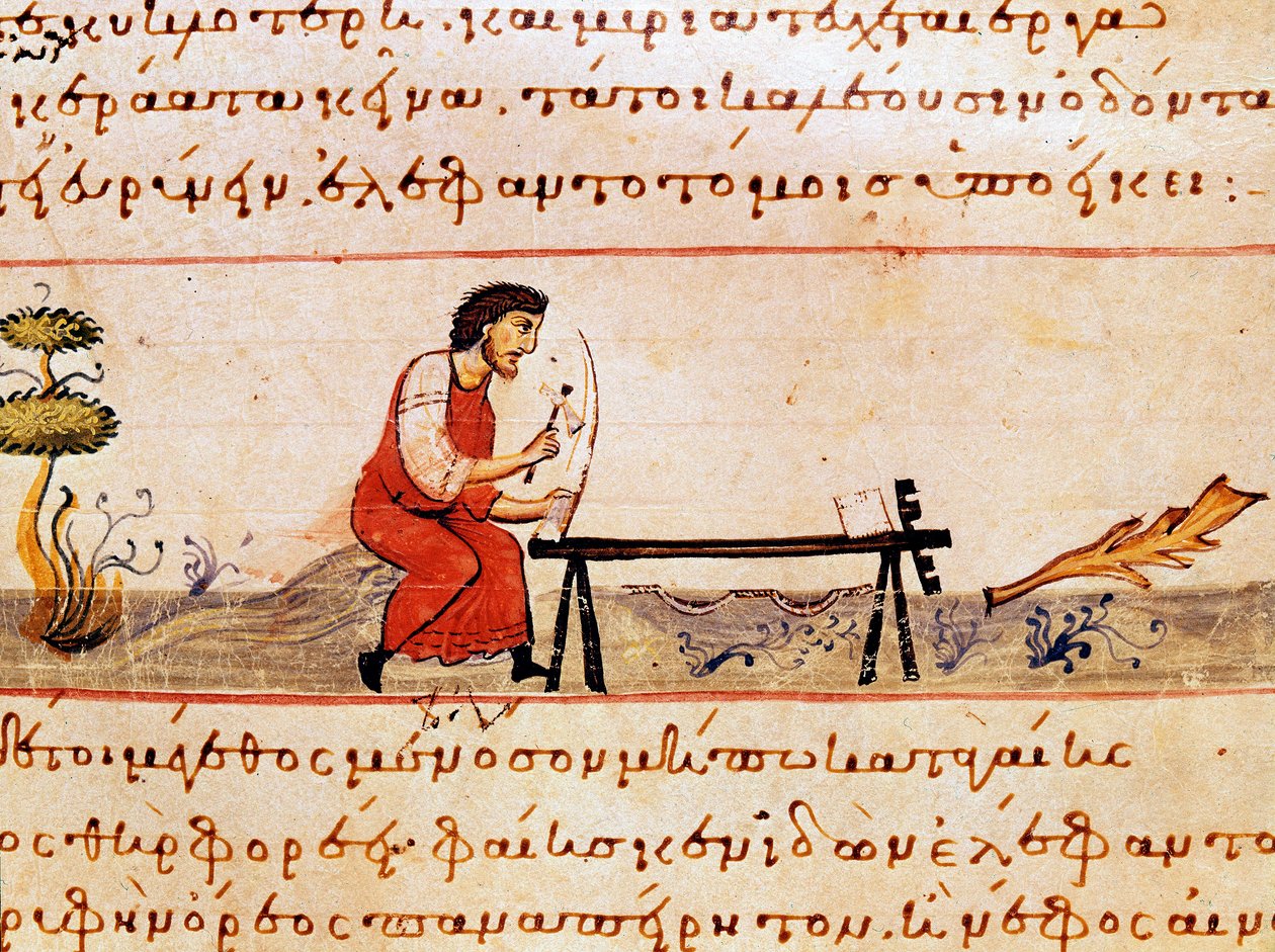 En hantverkare som arbetar med elfenben. Miniatyr från jaktbranschen "" The Cynegetics"" av Oppian (Oppian eller Oppianus) från Syrien (3:e århundradet e.Kr.) tillägnad Caracalla. 1000-talets Venedig. Biblioteca Marciana av Unknown artist