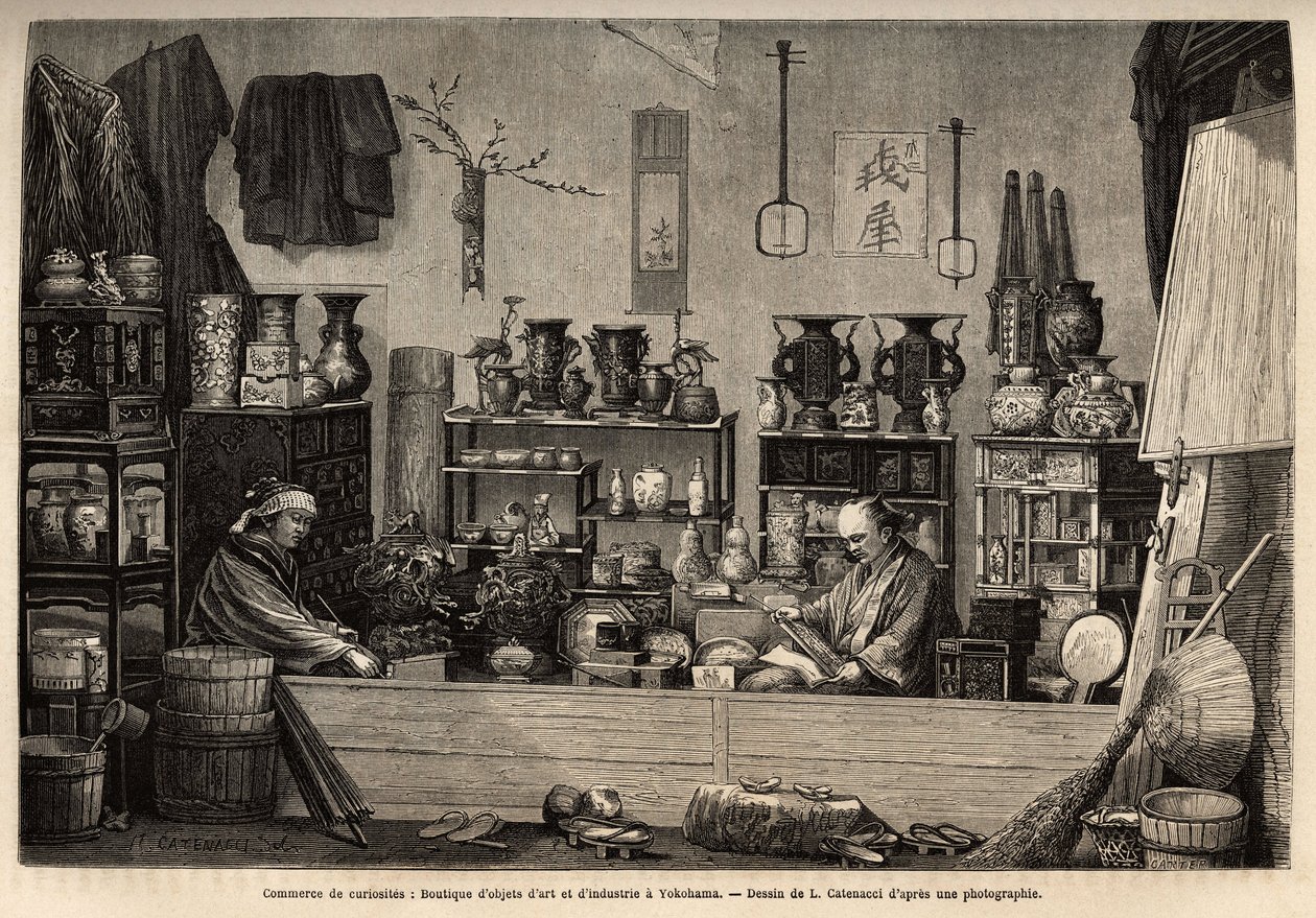 En kuriosaaffär i Yokohama. Gravyr för att illustrera resan till Japan, av Aime Humbert, minister för Schweiziska edsförbundet, 1863-1864, publicerad i "" Le tour du monde""" 1869, redigerad av Edouard Charton, upplaga Hachette, Paris. Selva Collect av Unknown artist
