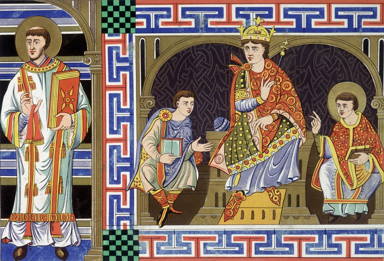 En diakon, en ädel figur, en kung och en eveque som illustrerar 900-talets människor; Illustration av artonhundratalet hämtar från "Frankrike under tionde århundradet"". av Unknown artist