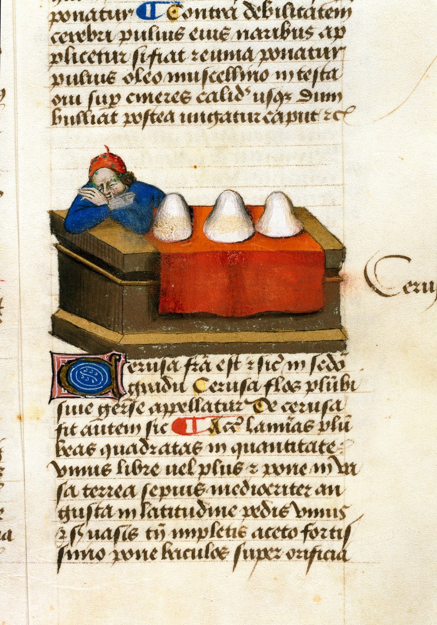 En hjorthandlare, använder för kosmetika Beskrivning av medicinalväxter och hur man förbereder dem. Manuskriptsida “” Treats on herbs”” (Tractatus de herbis) av Pedanius Dioscorides (Dioscorides) (40-90 AD) Lat.1152 av Unknown artist
