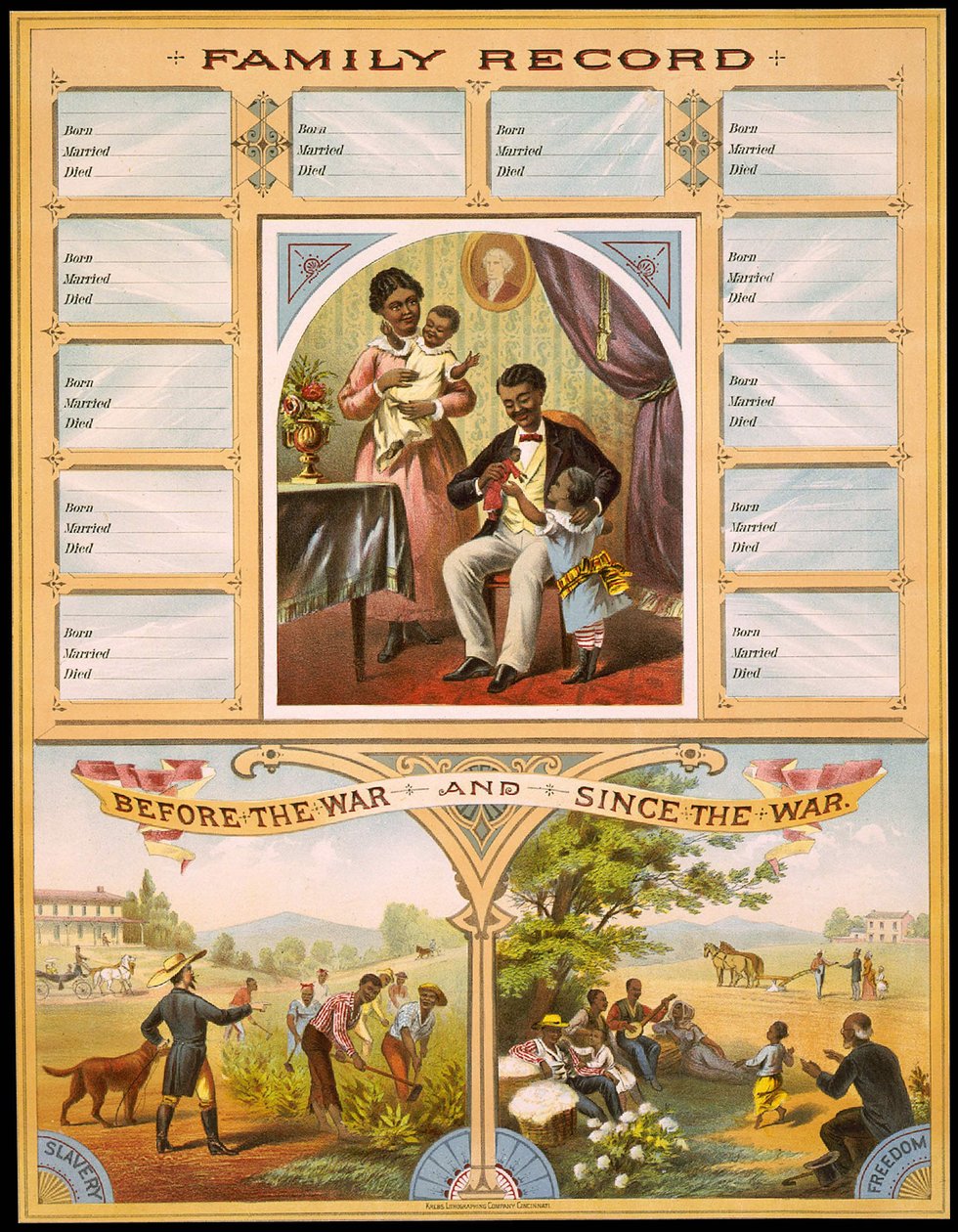 Ett diagram som visar två gårdar som jämför slaveri och frihet. Hög del reserverad för inspelning av familjejubileum. Gravyr v. 1880. av Unknown artist