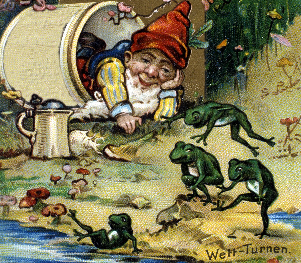 En dvärg eller farfadet som leker med grodor. 1800-talets kromolitografi. av Unknown artist