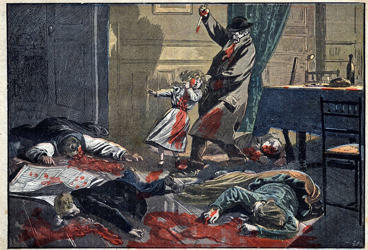 En familj mördad: mord på familjen Leblond av Caillard, en forcene, i Nassandre, nära Bernay. Illustration i "" le Pelerin"" av 10 april av Unknown artist