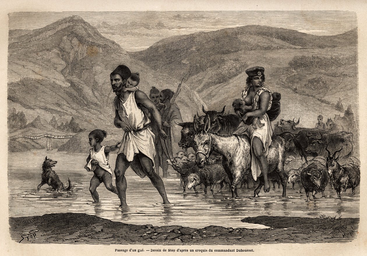 En familj av kabylenska herdar korsar wadi Djema för att gå till Beni Menguellet-marschen, den viktigaste i regionen; familjens överhuvud vågar sig först, följt av hans familj och hans besättning, fåren först och efter dem huvuddelen av boskapen. Eng av Unknown artist