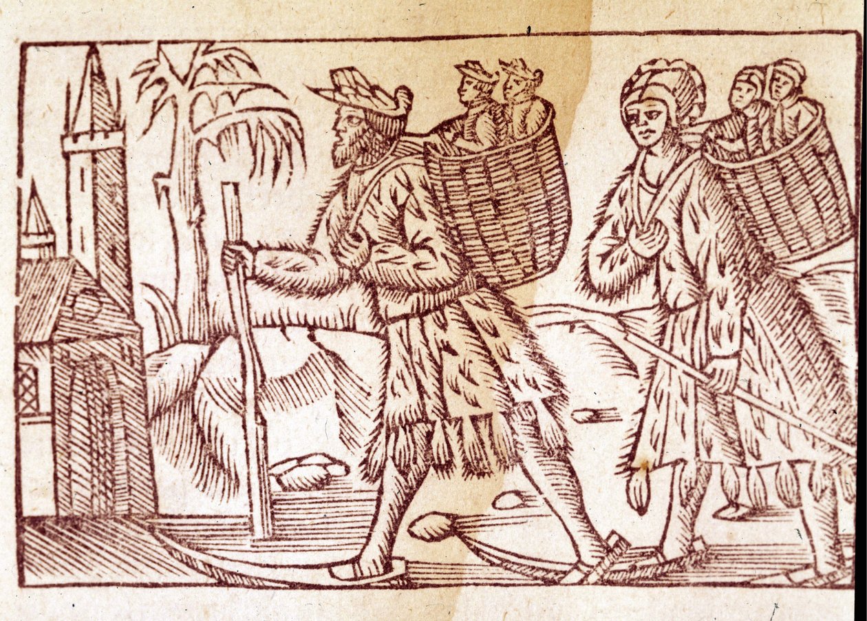 En familj av norrmän som reser på skidor. Gravyr av Olaus Magnus (1490 - 1557), svensk religiös och geograf, "Historia de Gentis Septentrionalibus", Venedig av Unknown artist