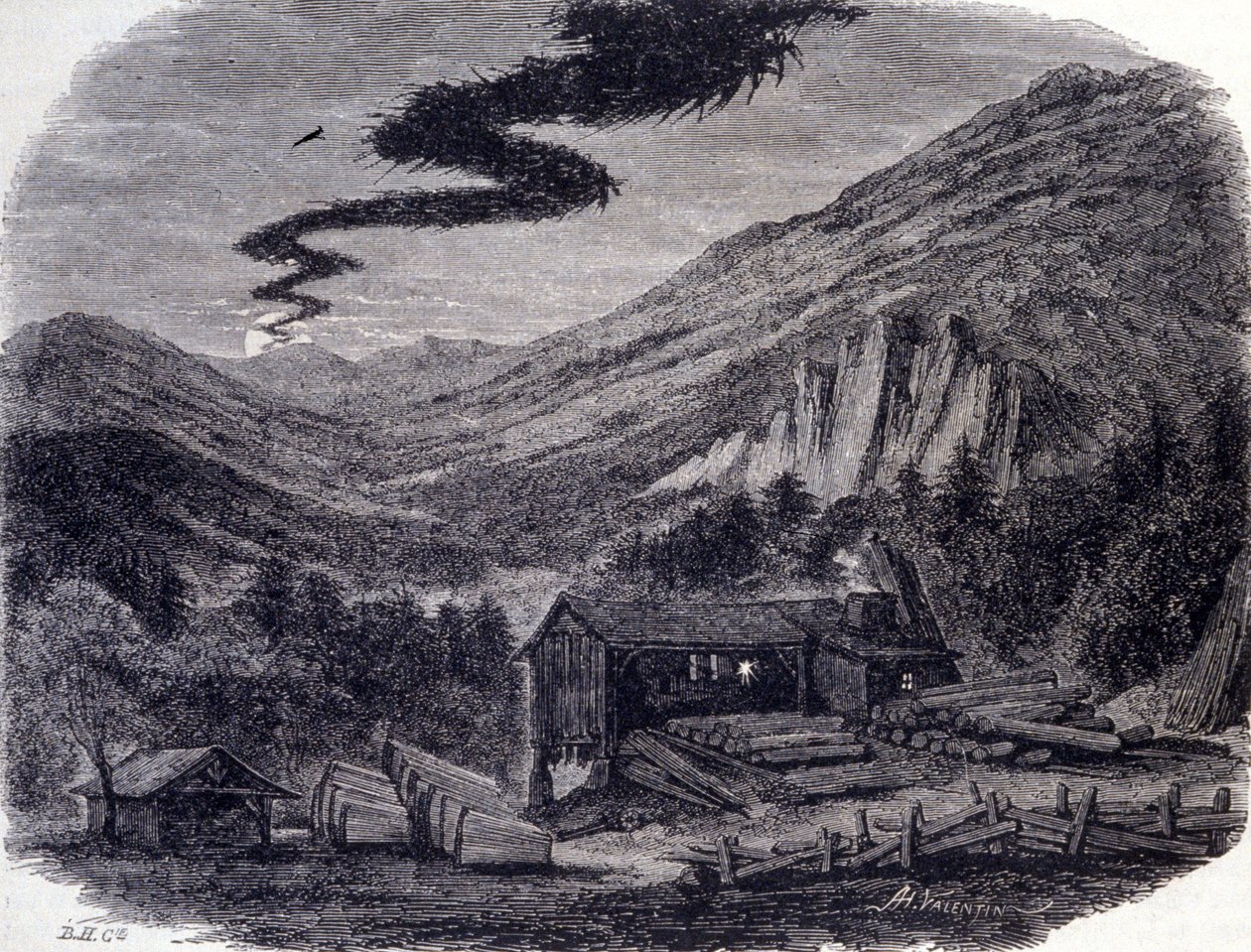 En fantastisk jakt (luft eller vild) eller Menee (Menee Hellequin) eller Mesnie i Vogeserna, ett nattligt tempet som enligt populära legender manifesterar sig efter en förbannelse eller en häxsabbat. Gravyr av 1800-talet av Unknown artist
