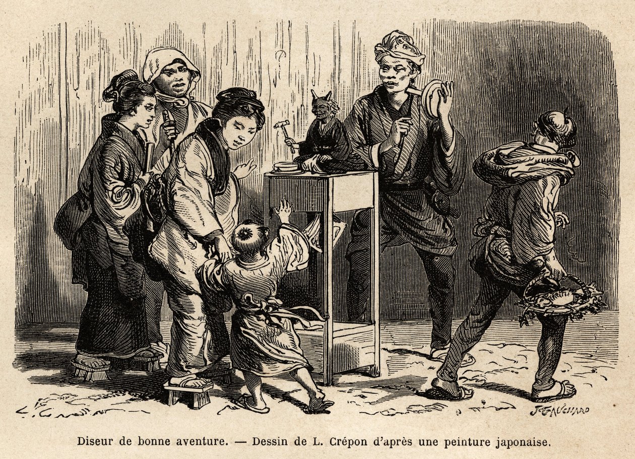 En spåkvinna på gatorna i Edo (numera Tokyo). Gravyr för att illustrera resan till Japan, av Aime Humbert, minister för Schweiziska edsförbundet, 1863-1864, publicerad i "" le tour du monde", under ledning av Edouard Charton, Hachette, Pari av Unknown artist