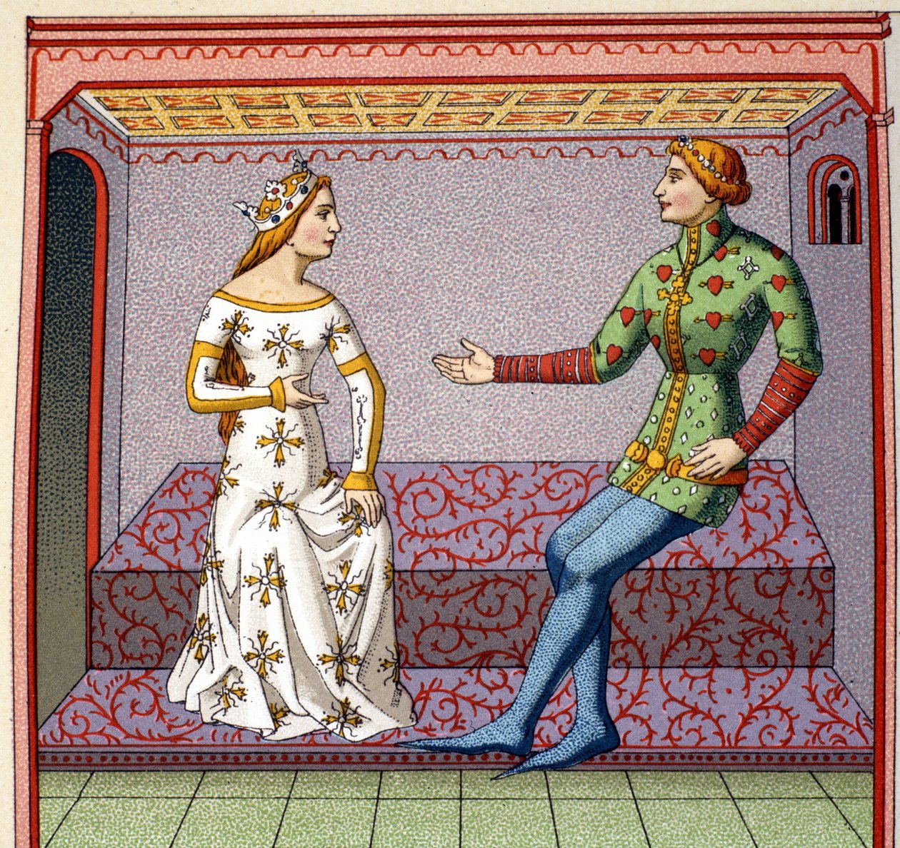 En galant scen under medeltiden: en ung man uppvaktar en prinsessa. Faux college efter ett manuskript. 1800-talet. av Unknown artist