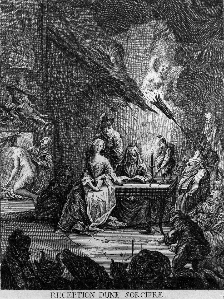 En flicka tas emot av en häxa, omgiven av monstruösa varelser (vid en initieringsceremoni?). Gravyr av 1600-talet av Unknown artist
