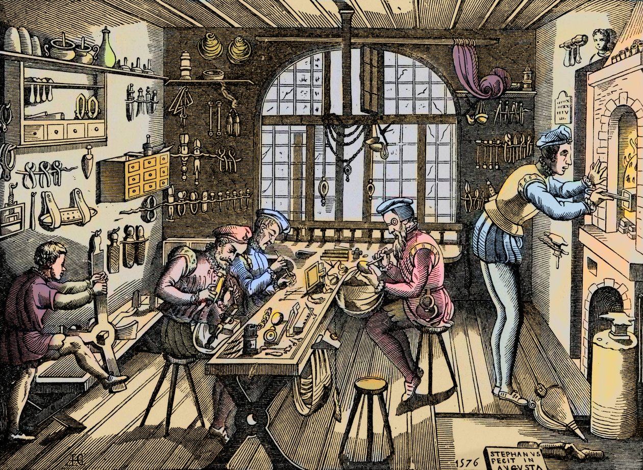 En guldsmedsverkstad - Hantverk: utsikt över verkstaden av Etienne Delaune (1518-1583), guldsmed, fransk tryckare. Gravyr efter original från 1576. Verkstad av Etienne Delaulne, guldsmed i Paris av Unknown artist