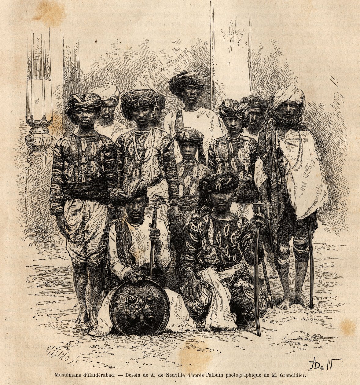 En grupp muslimska män i Haiderabad, Pakistan. Gravyr för att illustrera resan i Indiens meridionalprovinser, av Alfred Grandidier, 1862-1864, publicerad i "" le tour du monde", under ledning av D
