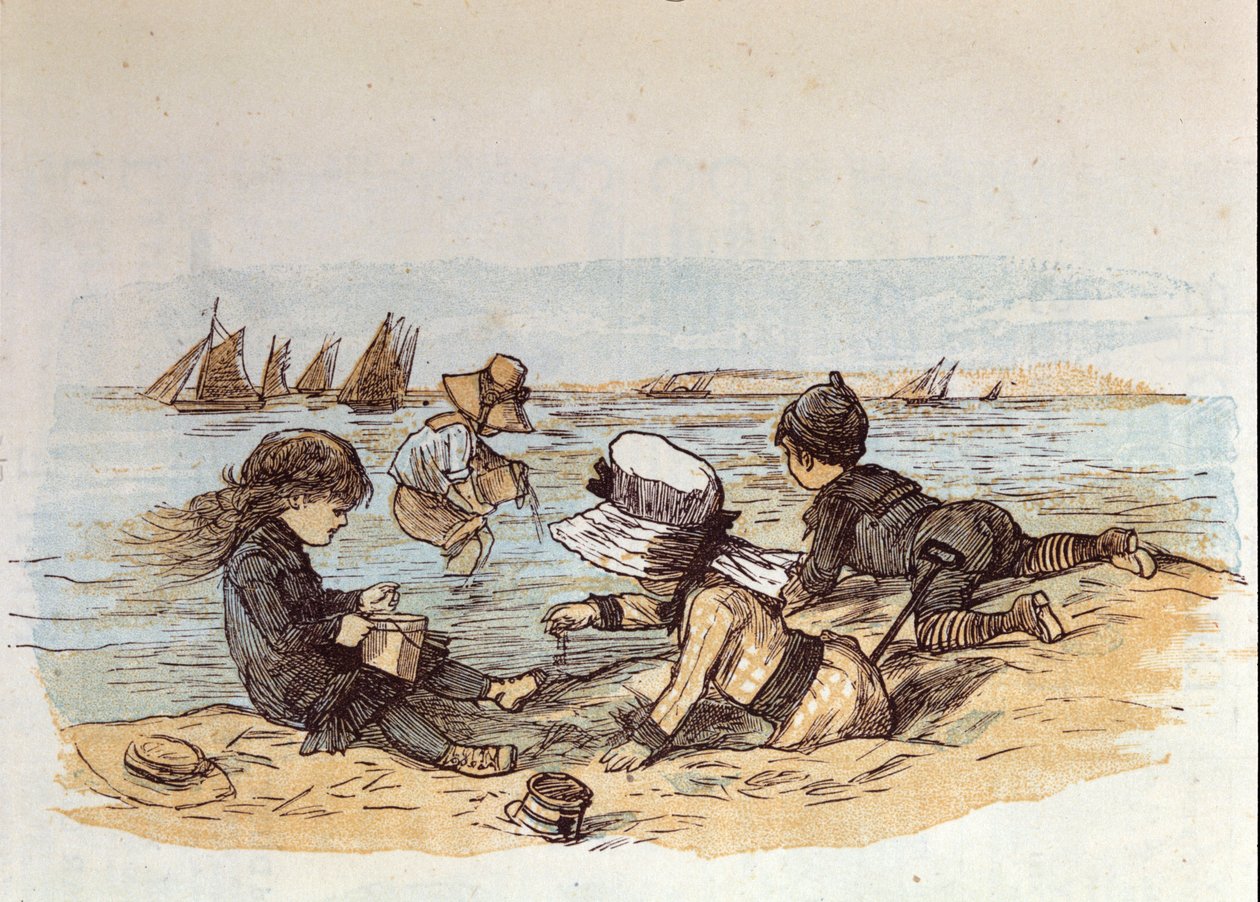 En grupp barn som leker vid vattnet på sanden. 1881 av Unknown artist