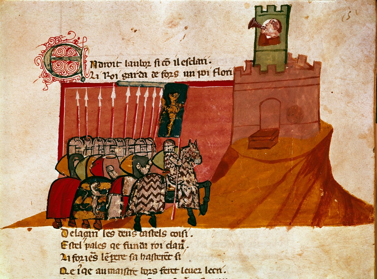 En grupp franc-riddare anländer till ett miniatyrslott från "Entree of Spain". 1300-talets Venedig, Biblioteca Marciana. av Unknown artist