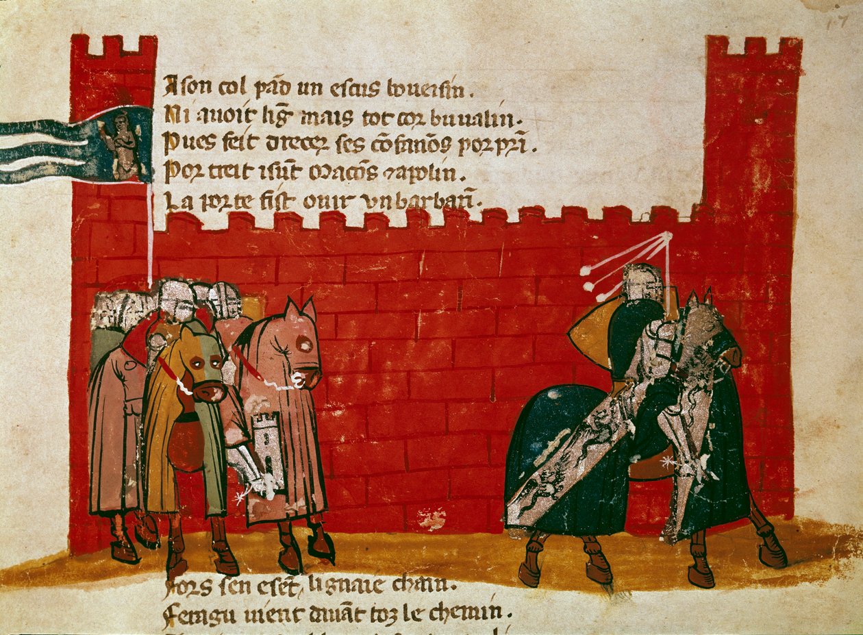 En grupp riddare som lämnar ett miniatyrslott från "" Entree of Spain"". 1300-talets Venedig, Biblioteca Marciana av Unknown artist