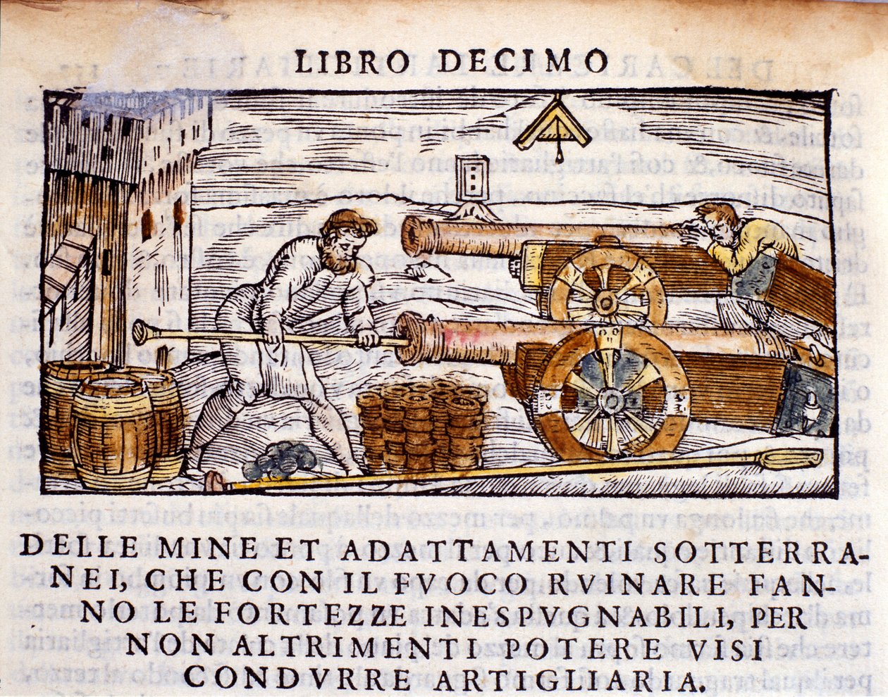 En skytt laddar en pistol med sprängämnen. Gravyr från den metallurgiska mjölkningen "" De la Pyrotechnia"" (eller Pirotechnia) av Vannoccio Biringuccio (1480-1539) 1550. av Unknown artist