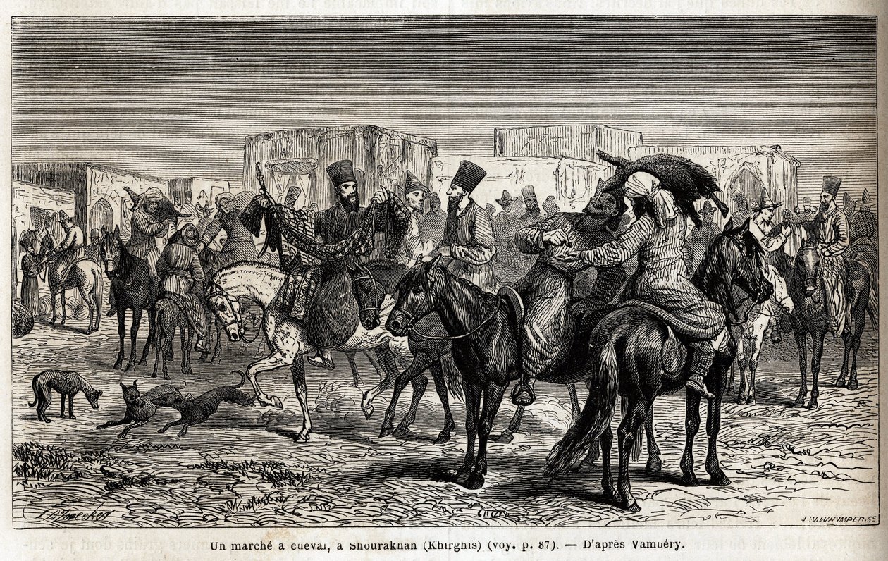 En hästpromenad i Shurakhan (Kirgizistan eller Kirgizistan). Teckning av Emile Bayard (1837-1891), för att illustrera resan till Centralasien, 1863, av Arminius Vambery (ungersk vetenskapsman förklädd i dervisch). Gravyr i "" Le tour du monde"", redigerad  av Unknown artist