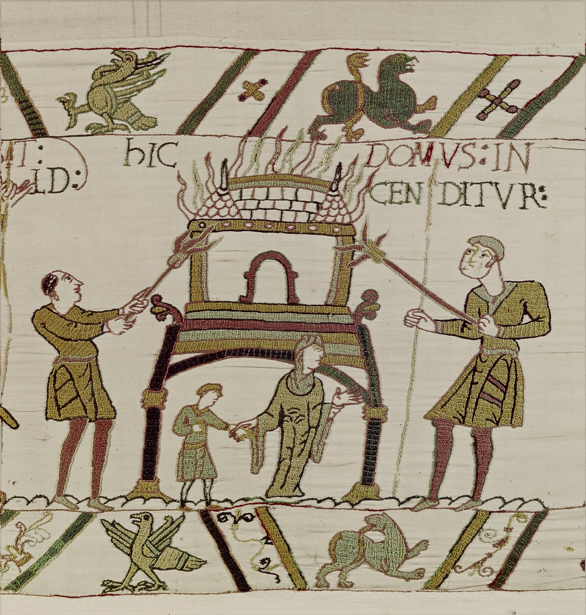 Ett hus är bränt av normanderna, Bayeux Tapestry (ullbroderi på linne) av Unknown artist
