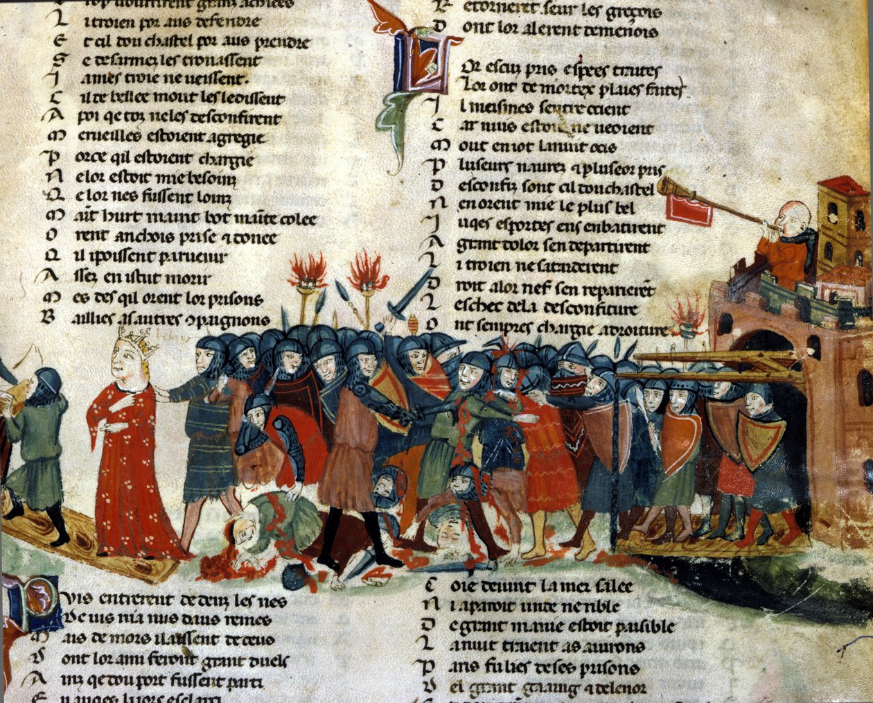 En kung tas till fånga och förs bort av fiendens armé medan offren för striden ligger på marken. Miniatyr av "Roman de Troy"" av Benoit de Saint Maure. 1300-talets Biblioteca Marciana, Venedig av Unknown artist