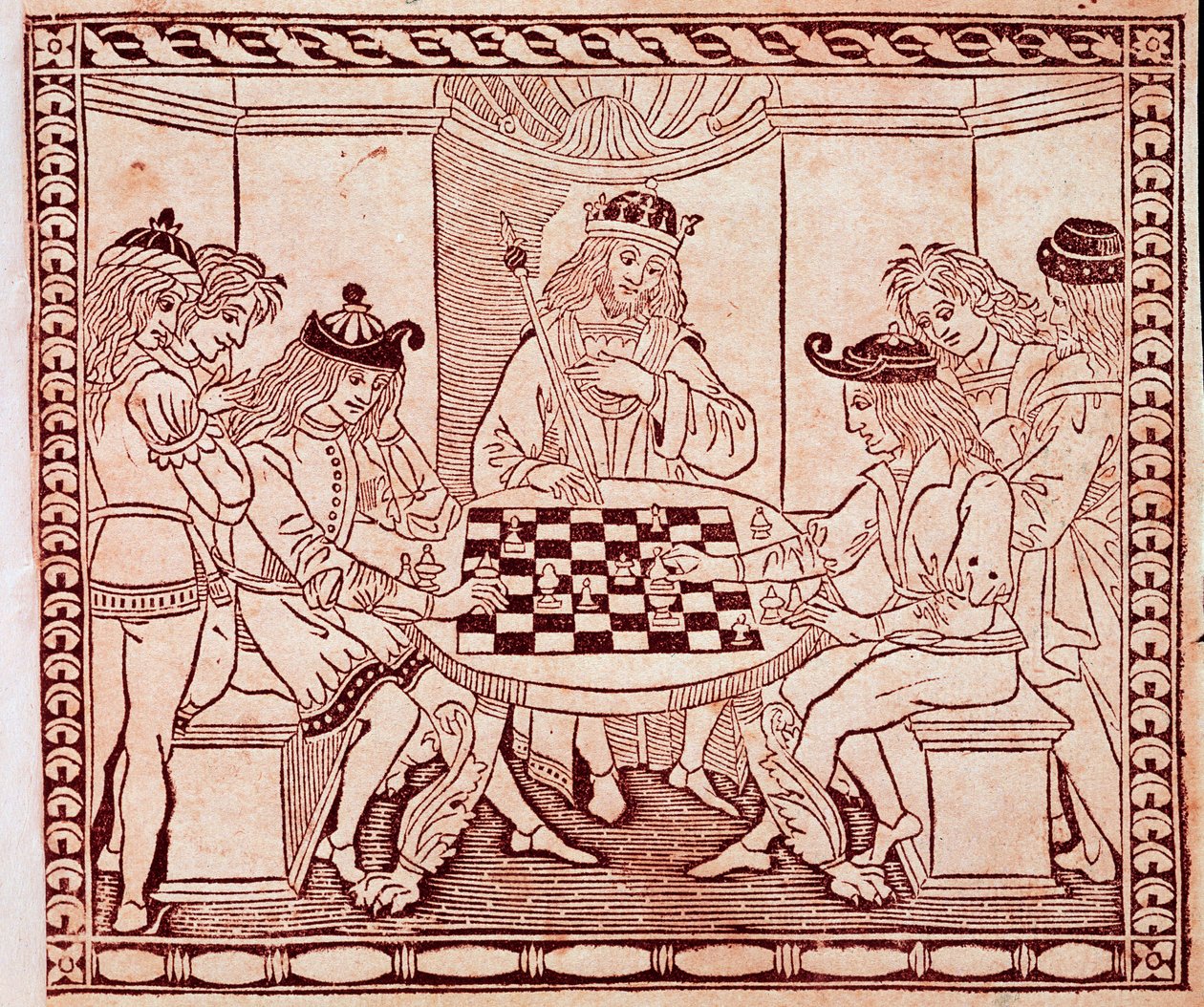 En kung tittar på ett schackspel Xylografi från framsidan av "De Ludo Scorcorum" av Jacopo de Cessoles (1300-talet) Venedig Biblioteca Marciana av Unknown artist